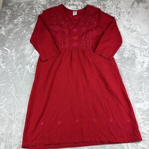 Abrazo Style Dress Women's Large Red Linen Blend Embroidered Pockets (0913)